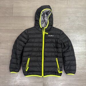 Eddie Bauer Jacket Youth Black Gray Reversible Hooded Puffer Down Winter - Small